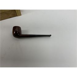 Pipes and two tiered wooden rack together with eleven pipers, including briar pipe carved as a wolf, Sea Dog straight pipe, John Brumfit pipe, meerschaum pipe ect, pipe rack H29.5cm