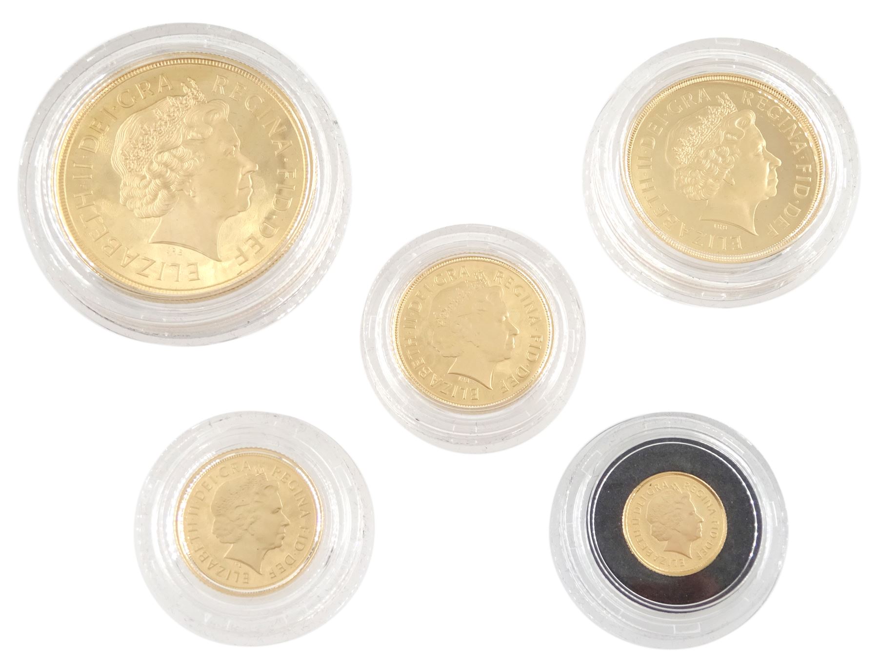 Queen Elizabeth II 2010 'Gold Proof Sovereign Five-Coin Collection', comprising 22ct gold five pound, double sovereign, full sovereign, half sovereign and quarter sovereign coins, cased with certificate