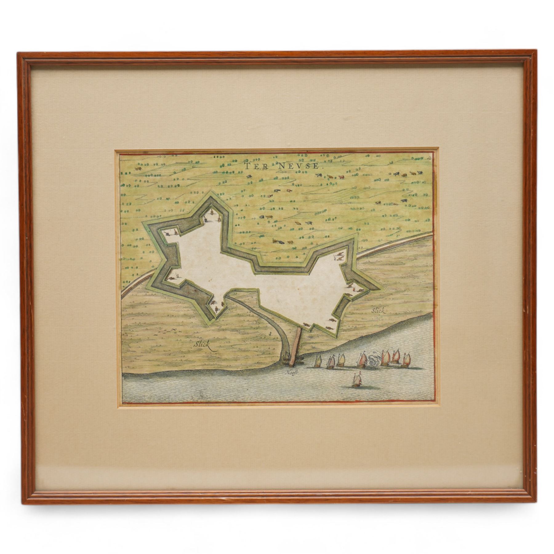 Johannes (Joan) Blaeu (Dutch 1596-1673): 'Ter Neuse' (Terneuzen) - the Netherlands, 17th century engraved map or plan with hand-colouring pub. 'Toneel der Steeden' 1649, 20cm x 25cm