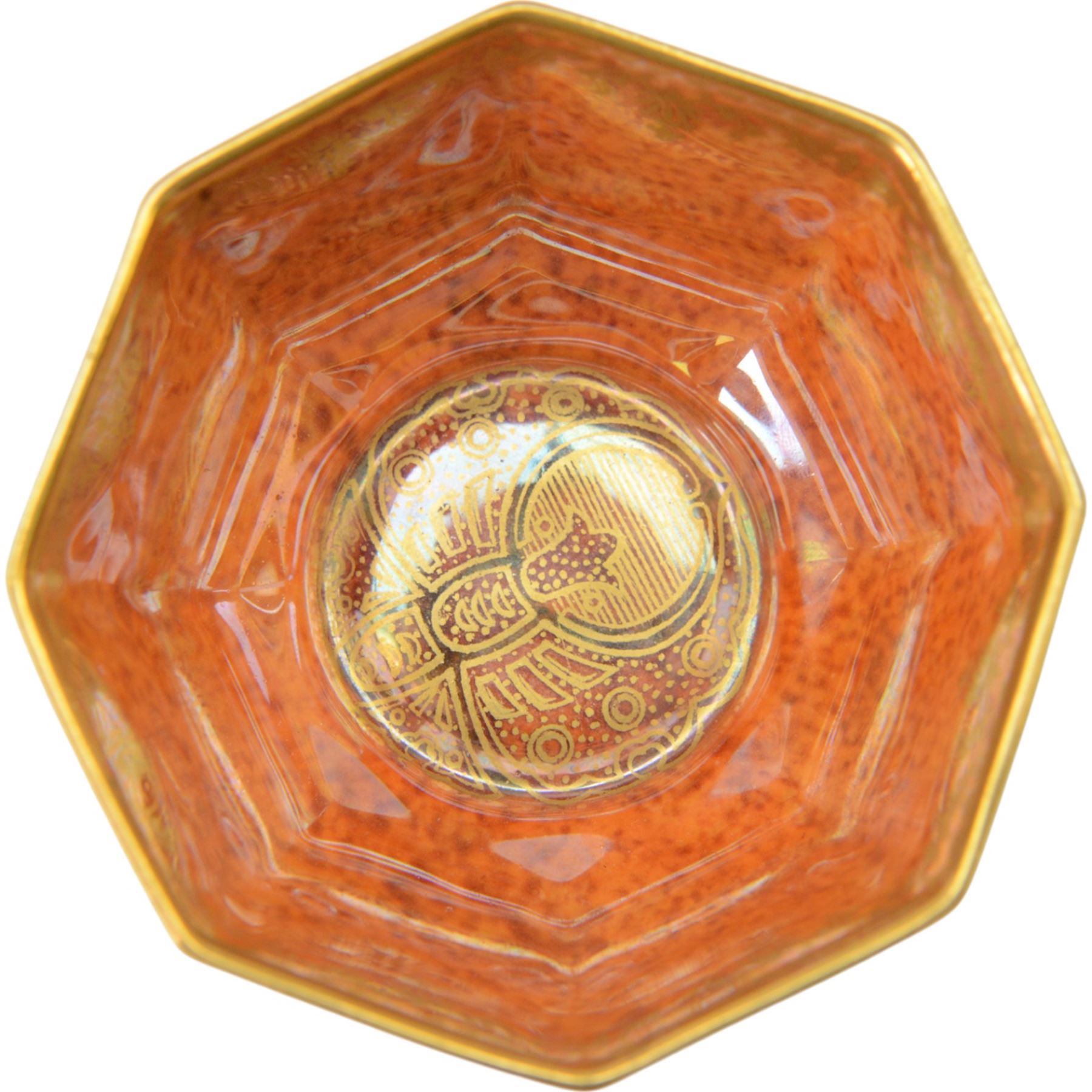 Wedgwood Fairyland lustre bowl, of octagonal form with gilt butterflies on a mottled pale green ground, with mottled orange interior and printed mark beneath, W9cm, H5cm