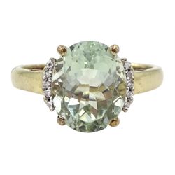 9ct gold green amethyst and diamond ring, hallmarked