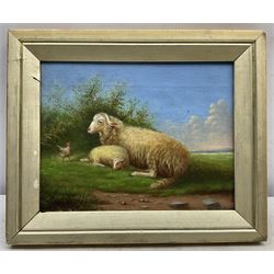 GT Arnold (British 19th century): Ewe Lamb and Cockerel, oil on canvas signed and dated 1884, 17cm x 22cm (in slip frame)
