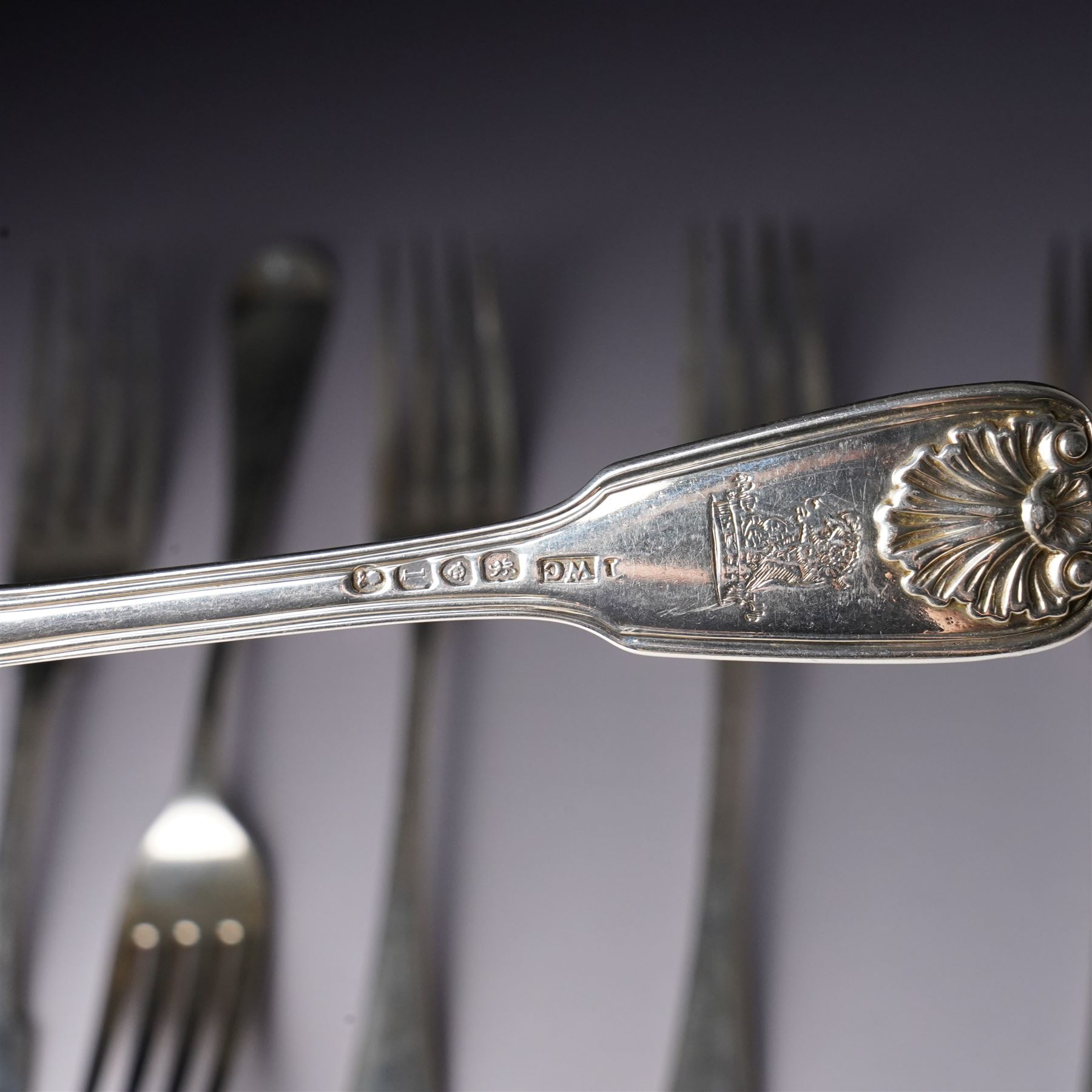 Pair of George IV silver fiddle, thread and shell pattern table forks Lonson 1826 and ten other 19th century silver table forks, various dates and makers (12)
