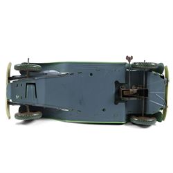 Mettoy large scale tinplate clockwork limousine, circa 1940, with green body and cream lithographed details, red interior with driver, fixed key mechanism, H13cm, L35cm