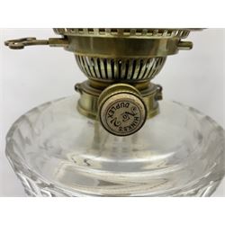 Brass Corinthian column oil lamp, upon stepped marble base, together three other brass table lamps, tallest H68cm