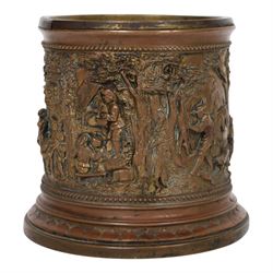 T & E of Paris, gilt bronzed white metal circular jar, decorated with high relief scenes after Tenniers, impressed mark beneath, H11cm