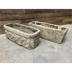 Ornate cast stone rectangular garden planter, lion mask and swag detail, and s similar planter (2)