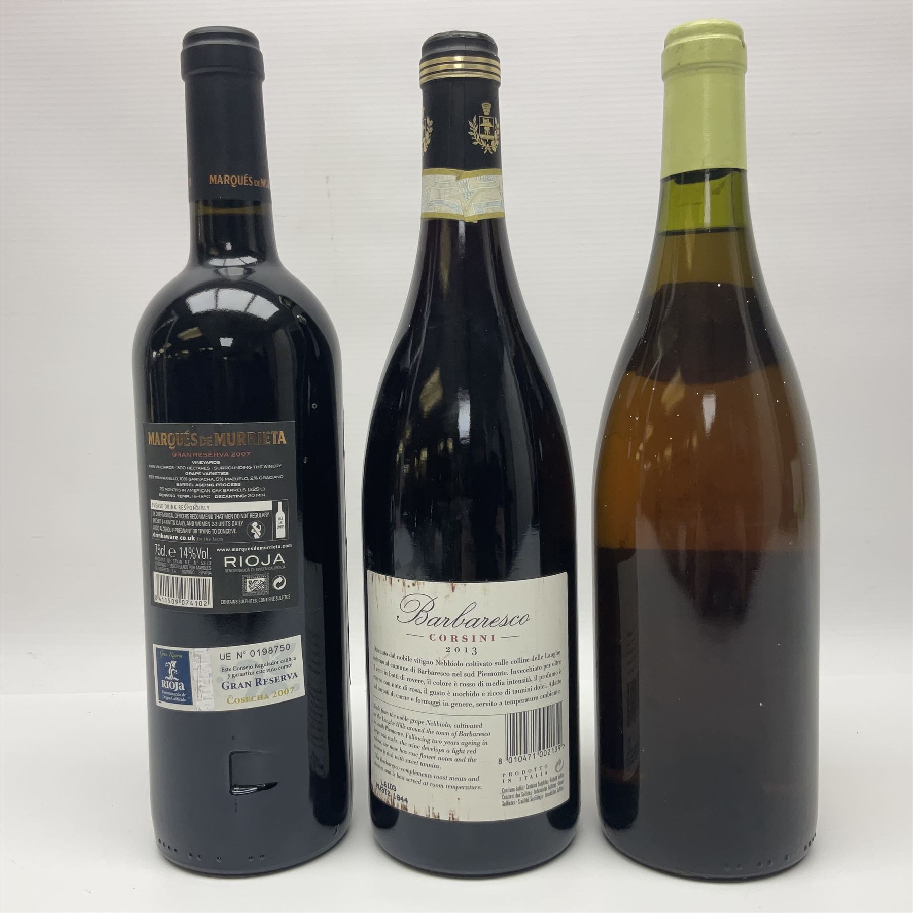 Mixed wine, comprising Araldica Barbaresco 2013, Corsini, 75cl 14% vol, Marques De Murrieta 2007 Gran Reserva Rioja 75cl 14% vol and Domaine Michelot 1992 Meursault 750ml 13% vol (3)
