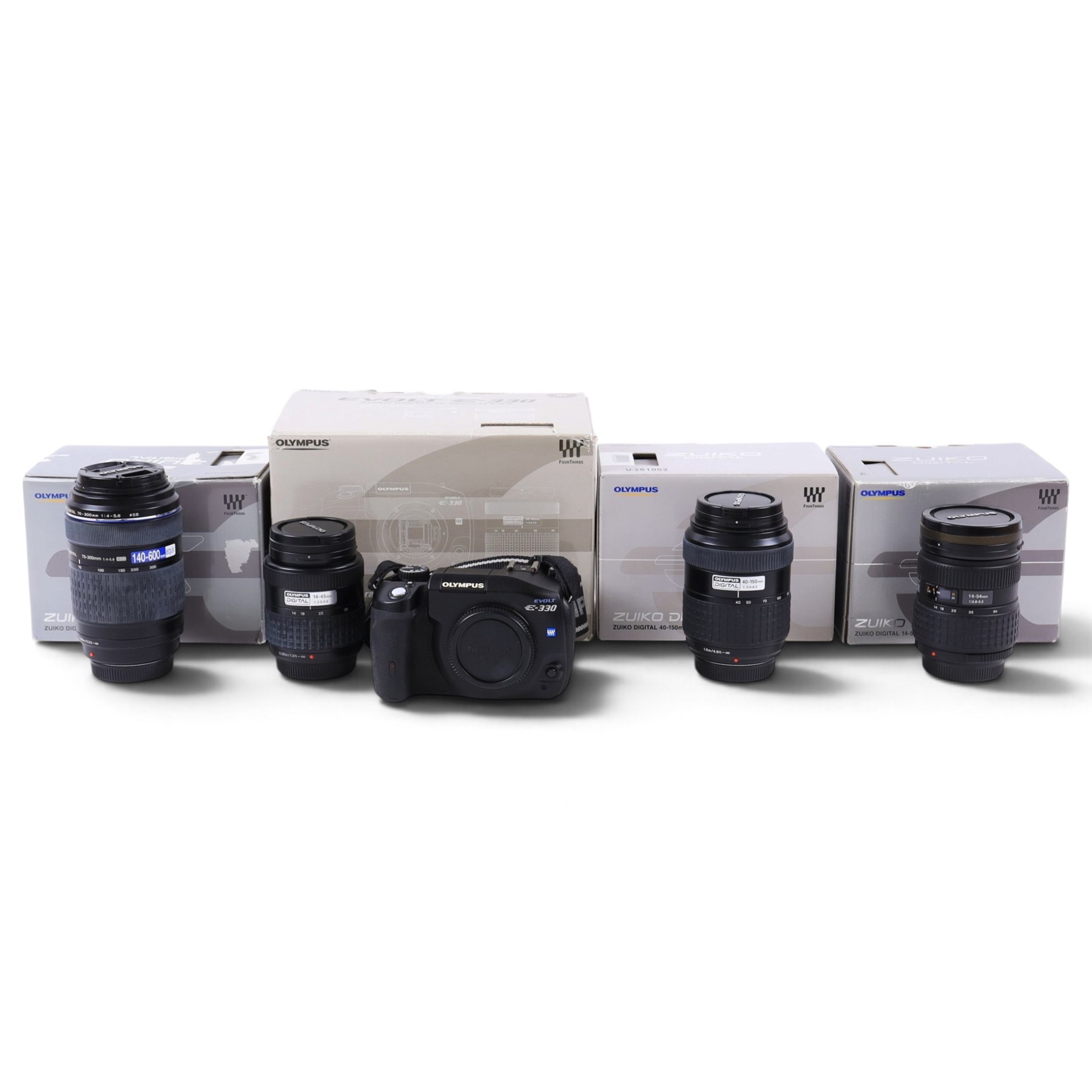 Olympus Evolt E-330 camera body, serial no. B88501541, with original Olympus Zuiko Digital 14-45mm 1:3.5-5.6, boxed with instructions, with three additional boxed Olympus Zuiko Digital lenses 70-300mm f4.0-5.6, 40-150mm f3.5-4.5 and 14-54mm f2.8-3.5, all boxed