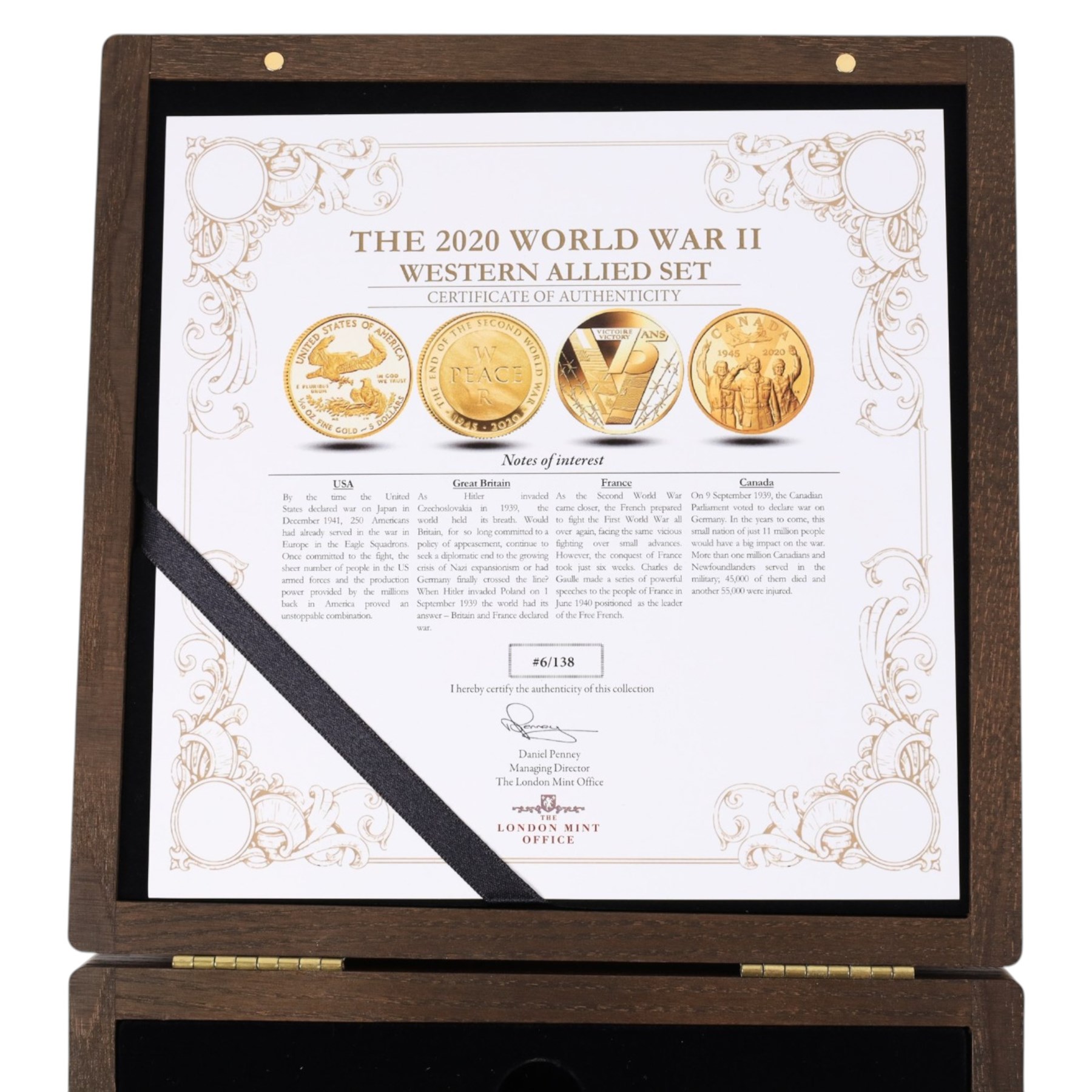 The London Mint Office 'The 2020 World War II Western Allied Set', comprising United States of America one tenth ounce gold five dollar coin, United Kingdom fine gold proof twenty-five pound coin, France fine gold proof fifty euro coin, and Canada 14ct gold proof one hundred dollar coin, cased with certificate