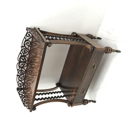 Victorian rosewood two tier etagere, scroll fretwork gallery back, carved elongated c scroll supports with scrolled terminals and barley twist supports, single drawer to base, turned and lobe carved feet with brass cups and castors, W77cm, H94cm, D36cm