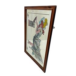 Vintage Dubonnet advertising mirror decorated with image of lady holding a bottle, in wood frame, 89x63cm