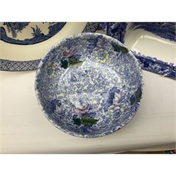 Large Spode footed bowl decorated in the Italian pattern, with blue mark beneath, late 18th/early 19th century pearlware blue and white pickle dish, Adams tea and dinner wares in the English Scenic pattern, to include bowls, teacups and saucers, side plates etc, together with Wood & Sons Yuan pattern blue and white wares, Wedgwoood jasperware etc