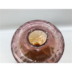 Victorian table oil lamp with black glazed stepped circular base, reeded brass column, moulded pink glass reservoir, duplex burner and frilled rim frosted glass shade with clear glass chimney H69cm