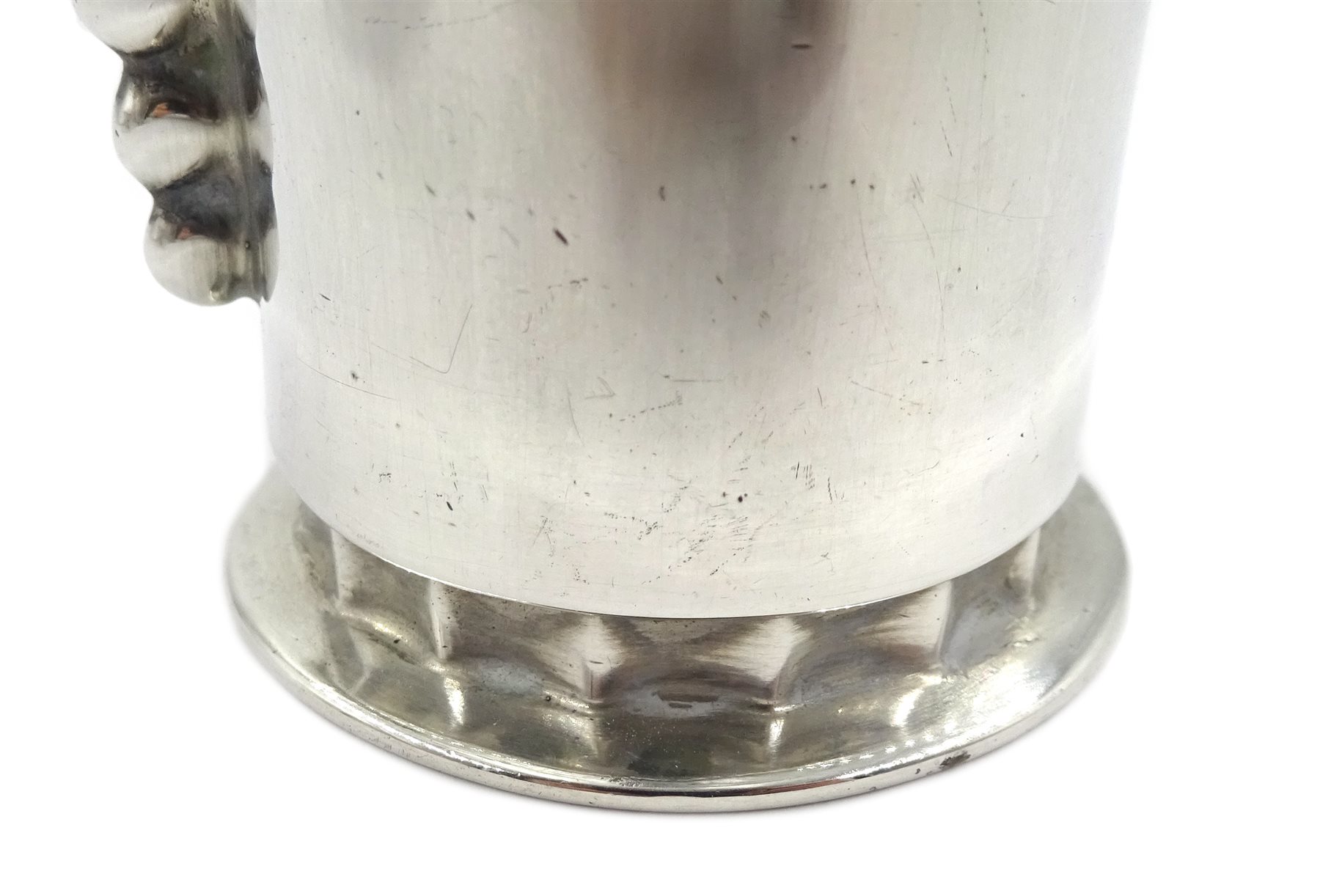 Silver Art Deco christening mug, engraved decoration by Stower & Wragg Ltd, Sheffield 1939, silver scalloped design, pedestal bon bon dish by Mappin & Webb, Sheffield 1956 and a silver small dish by William Comyns & Sons Ltd, approx 9.5oz