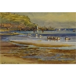 Attrib. Eugene Boudin (French 1825-1898): Bathing Machines on the Beach at Scarborough, watercolour signed and dated ‘93, 11.5cm x 17cm