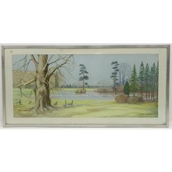 P Swayne (British 20th century): Geese in a River Landscape, oil on panel signed and dated 1970, 64cm x 144cm