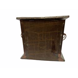Arts and Crafts copper coal box, of square form with twin curved handles, with hammered finish, and embossed stylised motif to the front and hinged cover, H37cm L40cm D35.5cm