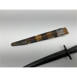 Post WW2 Fairbairn Sykes style black commando knife, no makers name but the handle marked with 'crossed keys *A' L30cm, in part scabbard