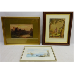  'Senglea, Grand Harbour', watercolour signed by Joseph Galea (Maltese 1904-1985), Mandalay Palace, watercolour indistinctly signed and River Landscape with Castle, watercolour signed by Johnson Hedley (British 1848-1914) max 21cm x 32cm (3)   