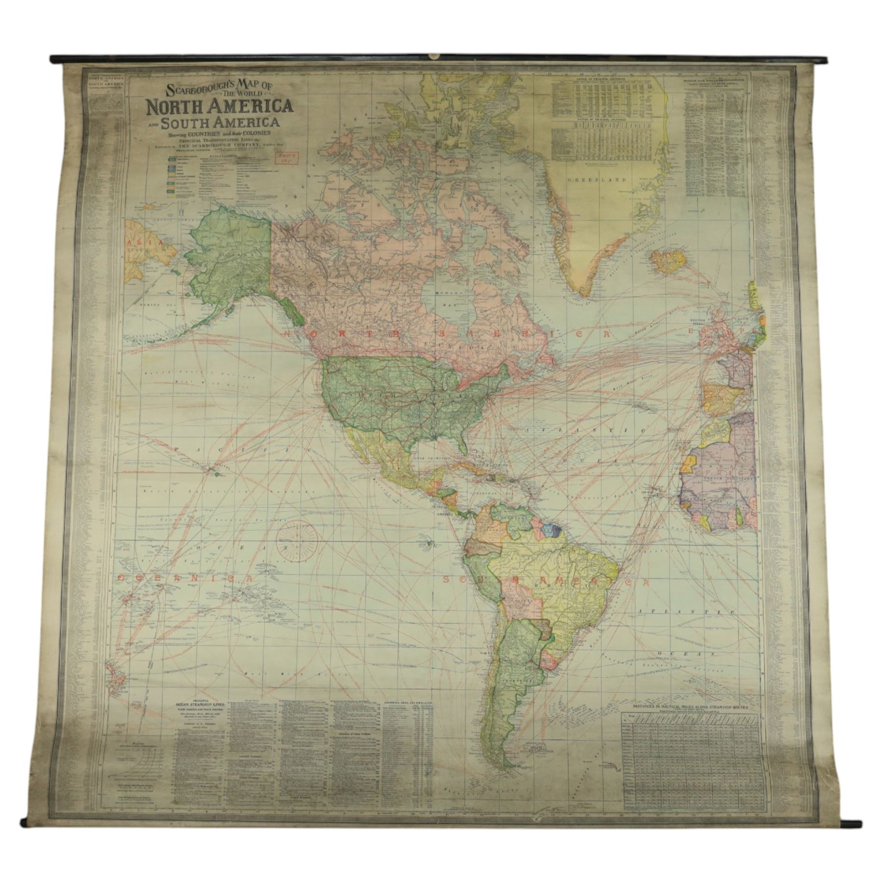 The Scarborough Company (London c.1907): 'Scarborough's Map of the World', double-sided rolled map on waxed silk, showing North America and South America recto, and Europe, Asia, Africa and Australasia verso, 101cm x 101cm