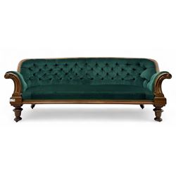 Victorian mahogany settee, upholstered in green buttoned fabric, moulded frame and scroll ...