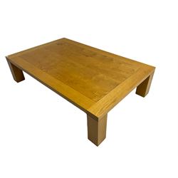 Large pippy oak rectangular coffee table, square block leg, retailed by Chapmans of Newcastle