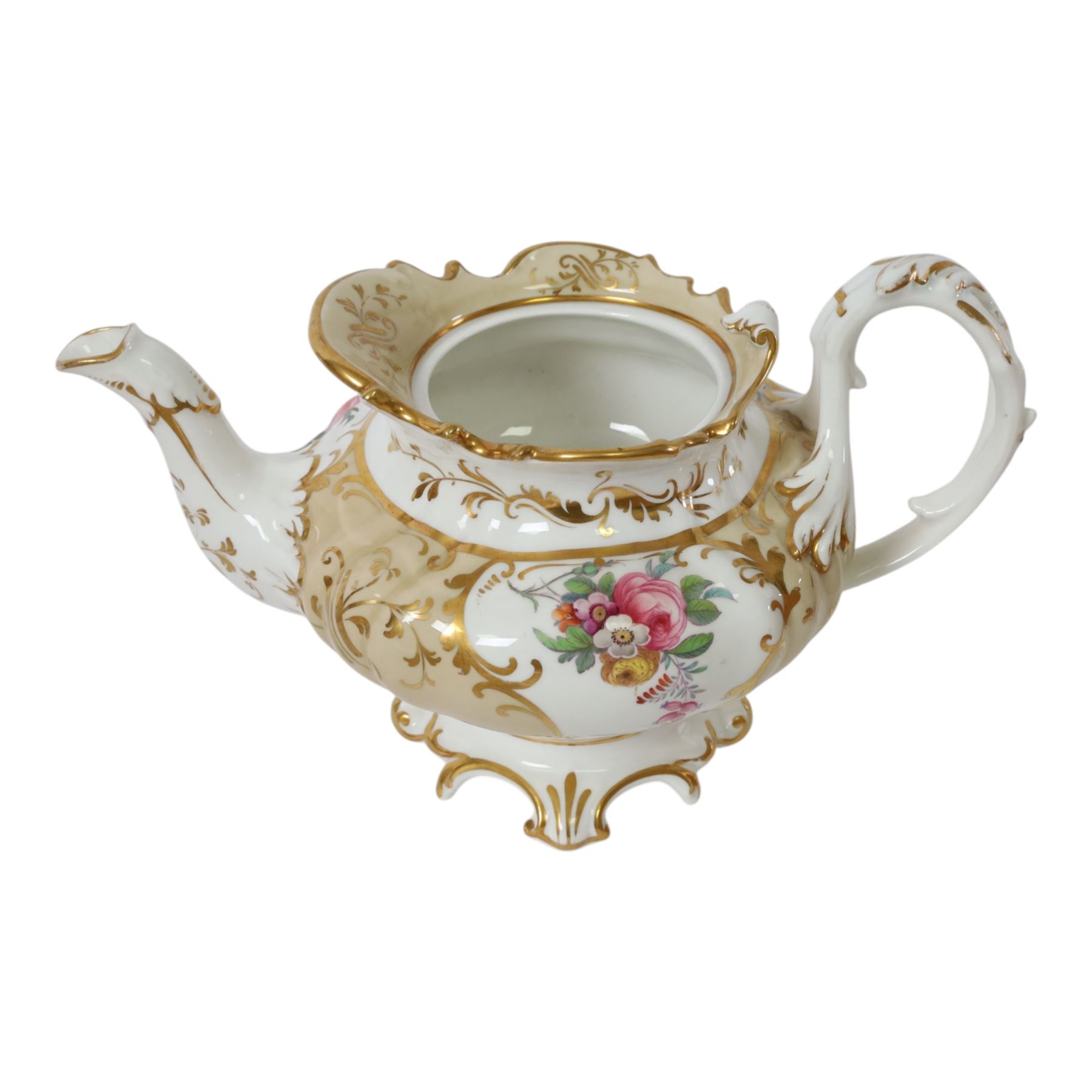 19th century Ridgway tea service, decorated in the 7548 pattern, comprising ten breakfast cups, eleven coffee cups, eleven saucers, tea pot, sucrier and cover, slop bowl, pair of cake plates and further example, a number with printed marks beneath, some with painted iron red pattern number beneath 