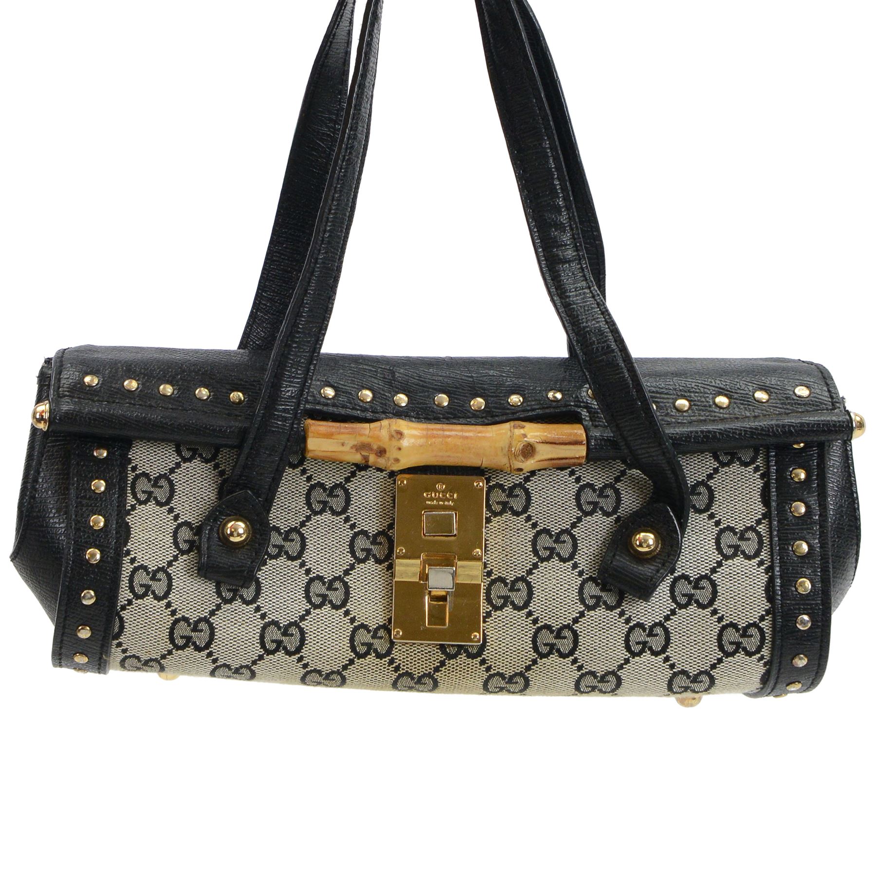 Gucci 'Bamboo Bullet' shoulder handbag, the canvas body with repetitive GG logo design and black studded leather border, with gold tone clasp impressed Gucci, and bamboo handle, with interior zip pocket, serial no. 910998 9019 impressed to interior leather, with Gucci satin dust bag, H14cm, W20cm