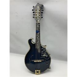 Eastern eight-string F-hole mandolin with blue sunburst finish and mother-of-pearl inlay of flowers and birds L69cm