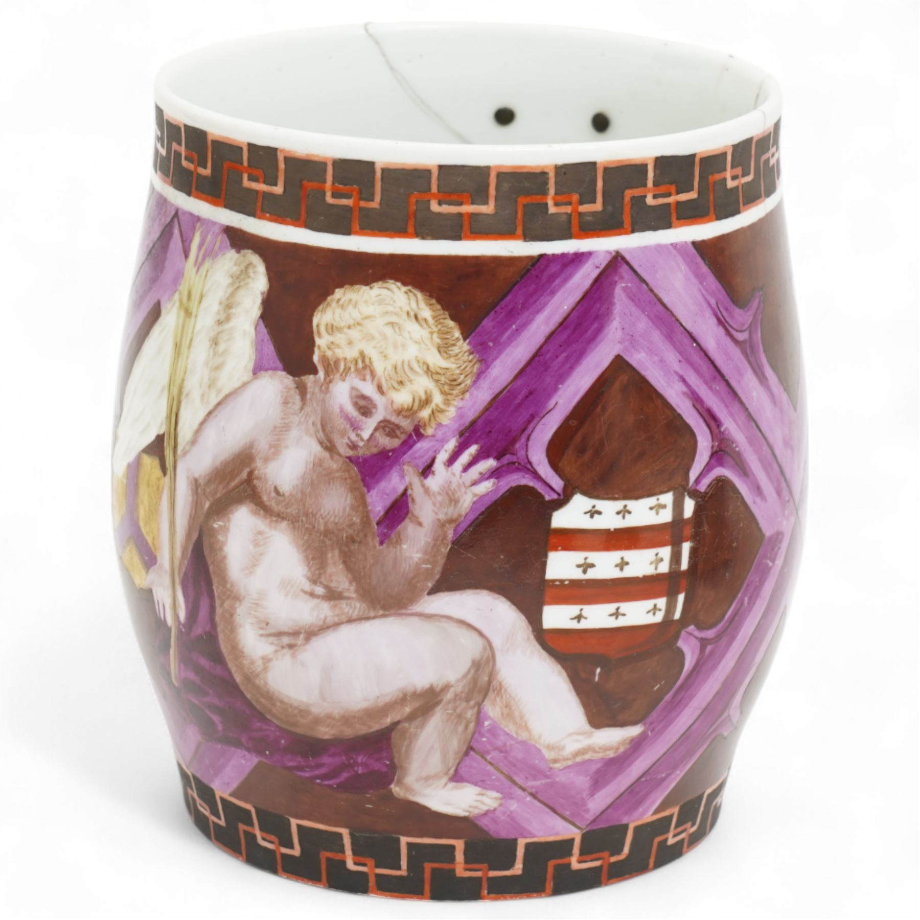 Early 19th century mug with metal handle painted by Jas. Alden 1814 H15cm, Belleek owl vase, Peking enamel tazza and an Imari dish