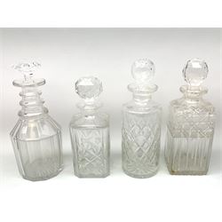Four Victorian and later clear glass decanters, in one box 