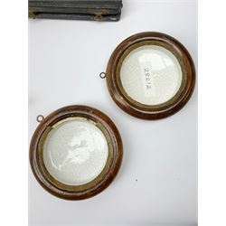 Two Victorian pot lids - 'The Chin Chew River' and 'A Race or Derby Day', D10.5cm, in matching cane frames, together with a Victorian silver christening spoon and fork, hallmarked Sheffield 1863, in associated box. 