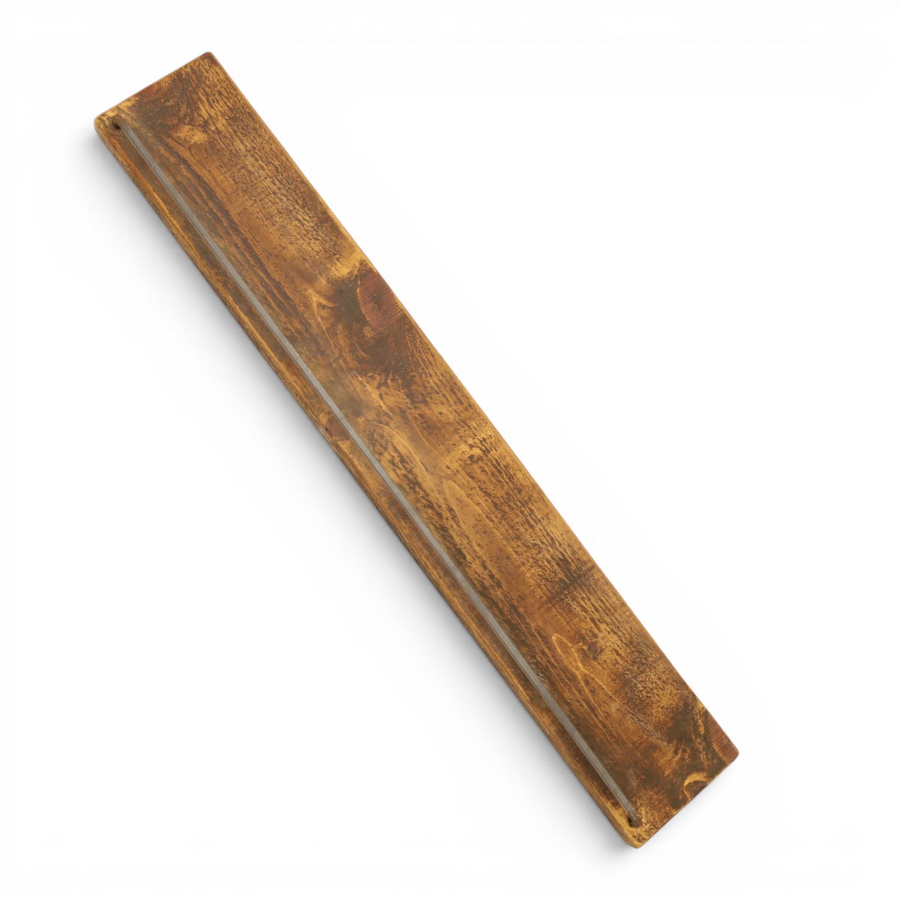 Pair of rustic pine shelves with metal brackets