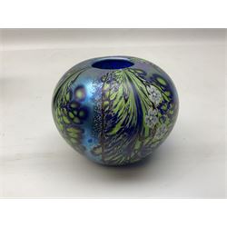 Okra glass vase of ovoid form decorated with iridescent blue design with stylised flowers and leaves, etched Richard P Golding 2006 mark beneath, with box 