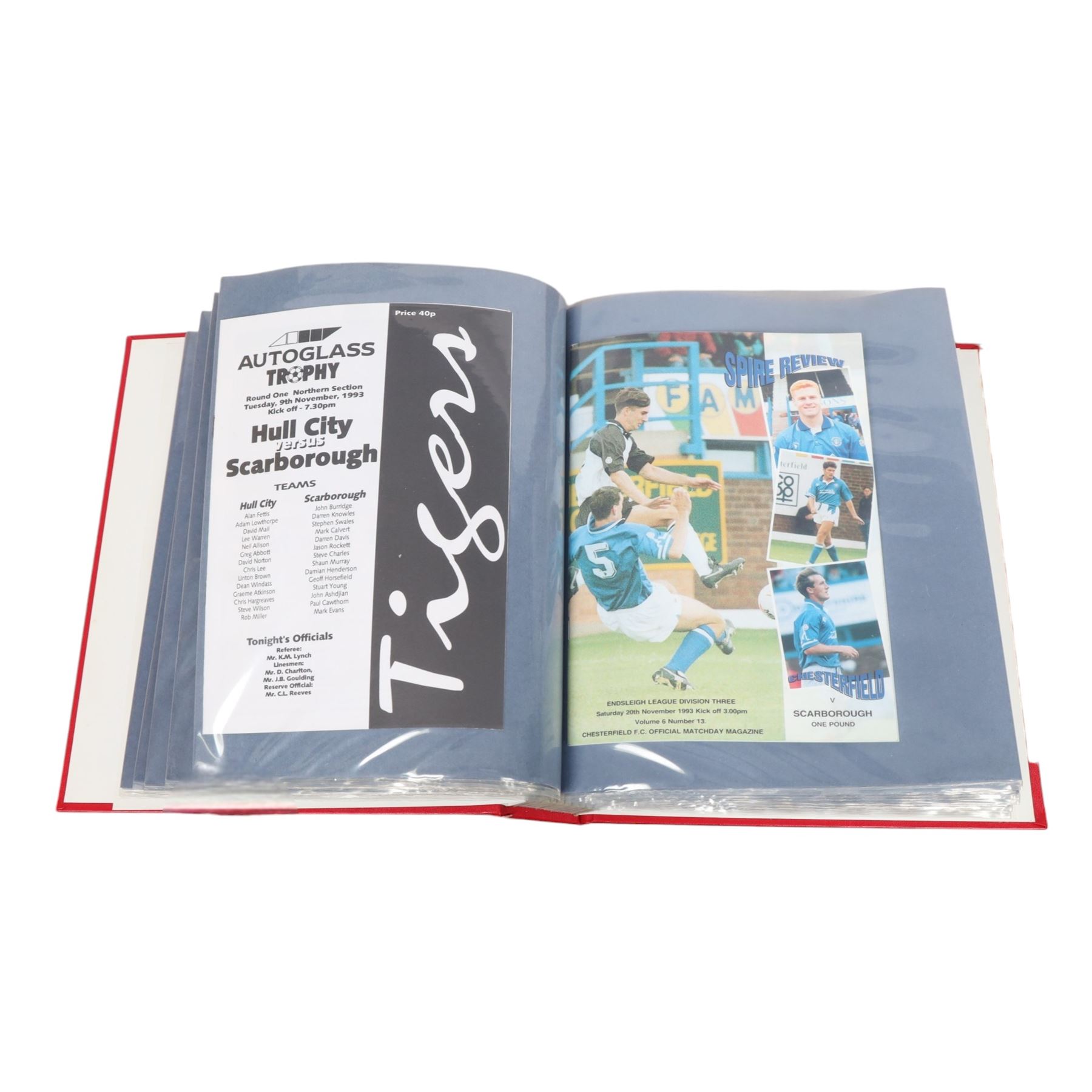 Comprehensive collection of approximately one-hundred and seventy Scarborough FC football programmes for the 1993/94, 1994/95 and 1995/96 seasons, all filed within six dedicated Scarborough FC red Home and Away binders