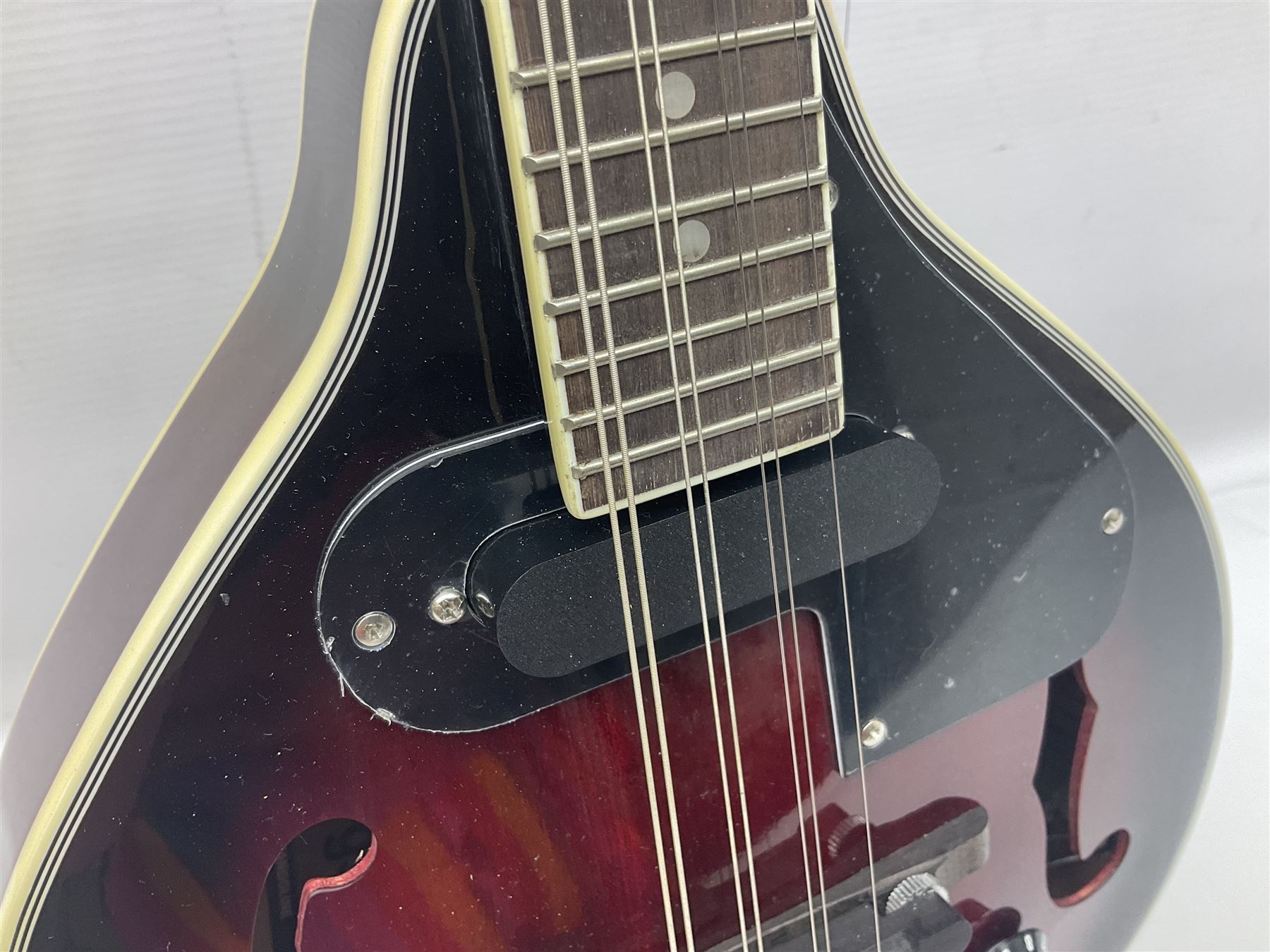 Stagg Model M50 E eight-string electro-acoustic mandolin; bears makers label L69cm; in cardboard delivery box with lead