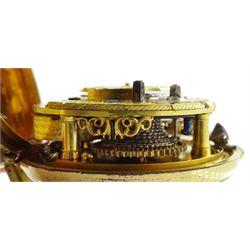 18th century gilt pair cased verge fusee pocket watch by Robert Hyland, London, No. 13345, round baluster pillars, pierced and engraved balance cock, white enamel dial with Roman hours and outer Arabic minute ring, beetle and poker hands, the outer tortoiseshell case with pique work borders