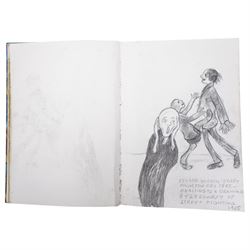 John Gilbey Bowles (British 1929-2011): Artist's Sketchbook - Surreal Art History Conversations, sketchbook containing thirty-four pages of pencil pastel and mixed media sketches of an art historical theme with interactions between famous paintings by different hands, most signed and dated 2008
Notes: examples include Edvard Munch's 'The Scream' reacting to a drawing by LS Lowry of street fighting; Albrecht Durer's drawing of a man dreaming of the Matisse line drawing; Hieronymus Bosch's 'The Last Judgment (detail) overseeing 'the Bacchanale Anglais' by Thomas Rowlandson; Toad of Toad Hall from the Wind in the Willows singing the praises of Henry VIII by Hans Holbein; a drawing by Leonardo Da Vinci admiring the humour in the drawing by LS Lowry; a Henry Moore drawing dreaming of a Thomas Rowlandson composition etc.