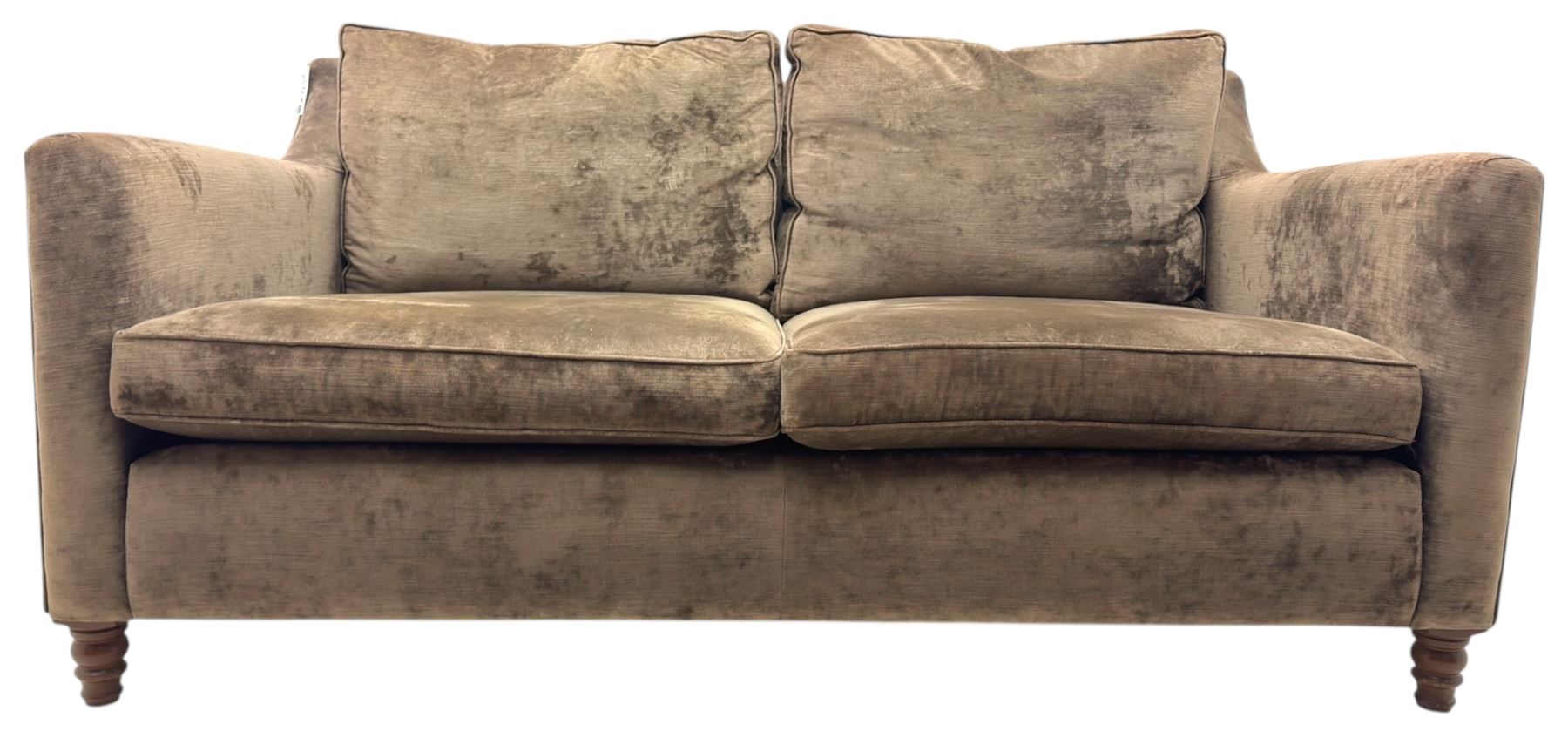 Duresta - three piece 'Finsbury' lounge suite comprising one three-seat sofa, a two-seat sofa and armchair, upholstered in mink coloured velvet, with box seat cushions and deep seat over tapered arms on short stained bun feet (Three seat H 80cm, W 207cm, D105cm, two seat H80cm, W168cm, D105cm, armchair H80cm, W89cm, D105cm)    