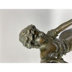 After E Plat, bronze modelled as a dancing child, signed E. Plat, upon cylindrical black marble base, H40cm