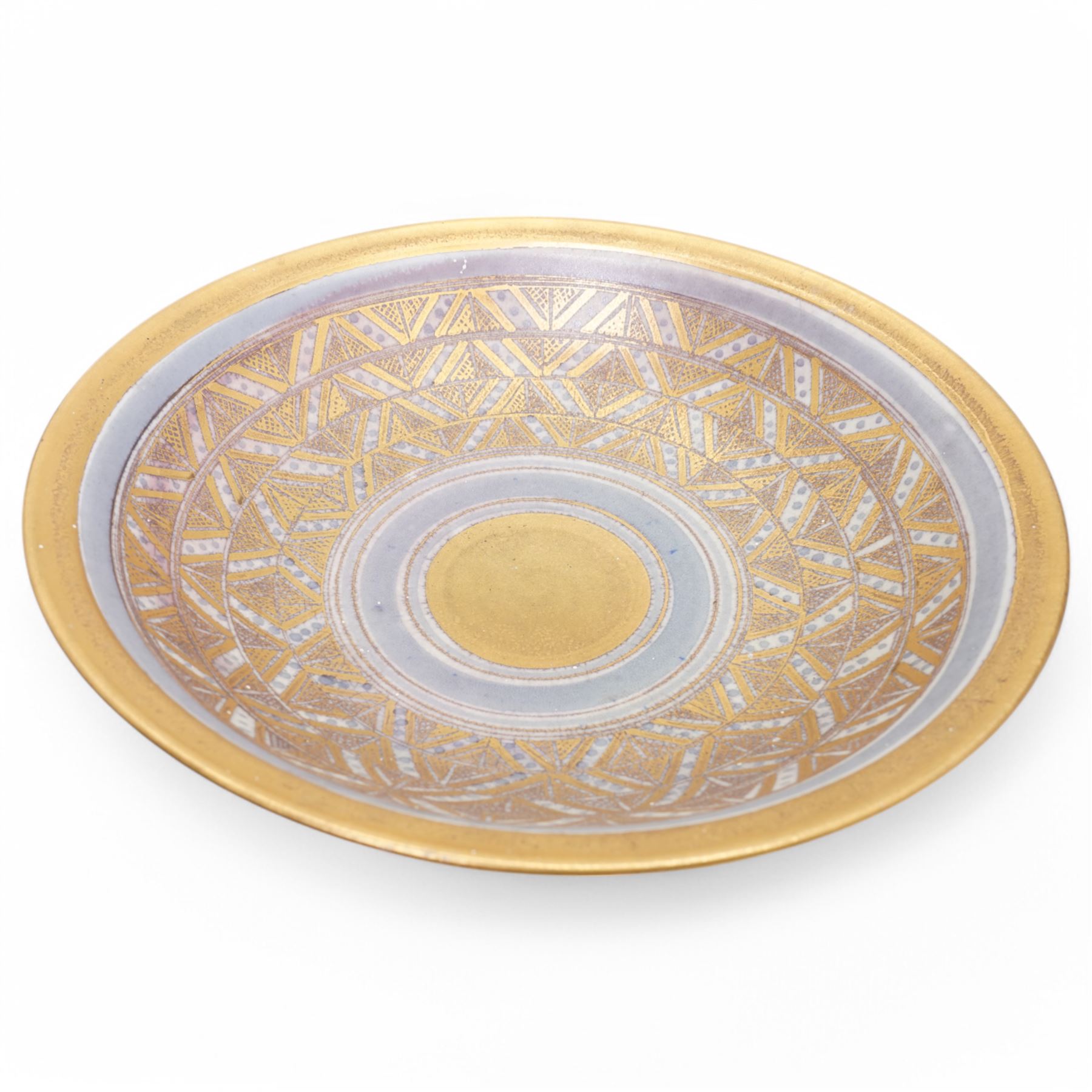 Mary Rich (1940-2022); three studio pottery footed bowls, in blue with gilt geometric decoration, impressed potters seal to base, largest D28cm (3)