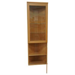 Skovby - light oak veneered display corner cabinet - SM769, with glass panelled door, three glass shelves, electric light, cupboard door with internal shelf 