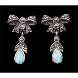 Pair of silver opal and marcasite pendant bow earrings, stamped 925