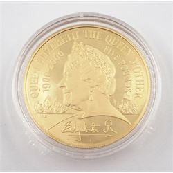 Queen Elizabeth II 2000 gold proof five pound coin, 'The Queen Mother Centenary Year Gold Centenary Crown', struck in 22 carat gold, cased with certificate, number 2134