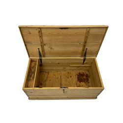 Victorian pine blanket box, hinged lid, with metal carrying handles