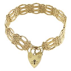 9ct gold fancy gate link bracelet, with heart locket clasp, hallmarked, approx 19.65gm