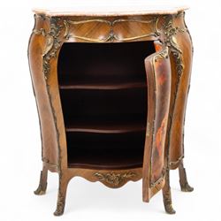 Early 20th-century Louis XV revival Vernis-Martin style bombe-shaped kingwood cabinet, serpentine-shaped variegated Breccia Pernice marble top with moulded edge, the front panel decoration with a painted romantic pastoral scene, interior with two shelves, flanked by gilt bronze masks, sides with diagonally book-matched veneer, bordered by gilt bronze scrolling acanthus mounts, raised on short cabriole form legs with gilt-bronze sabots, key included 