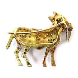 18ct white and yellow gold (tested) diamond and multi gem stone colour donkey brooch  