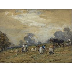 John Atkinson (Staithes Group 1863-1924): Girls Working in the Field, watercolour heightened in white signed 28cm x 36cm